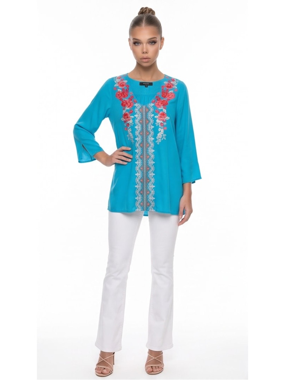 Andree by Unit Turquoise V-Neck Tunic Red Floral Embroidery 3/4 sleeves Sz S